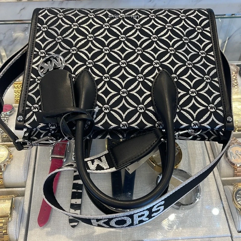 Michael Kors Mirella Small Metallic Logo Jacquard Crossbody Bag Black/Silver  NW